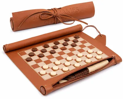 Produktbild von Damespiel Reisespiel – Rollbares Damebrett 36 x 26 cm – Cognac Braun – Komplett mit Spielsteinen & Aufbewahrungsfach