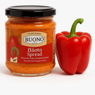 Produktbild von BUONO Griechische Paprikapaste mit Feta 200 g – Brotaufstrich aus Gerösteter Paprika & Griechischem Käse, Originalrezept, 100 % Natürlich