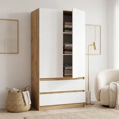 Imagen del producto de Armario de dos colores, 90 cm, gris antracita/blanco. Armario con puertas batientes y 2 cajones. Armario moderno para dormitorio, ideal para habitaciones juveniles, dimensiones: 90x180x50 (roble votan – blanco)