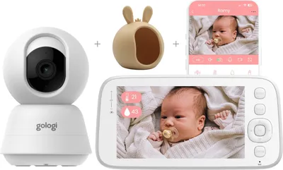 Produktbild von Gologi Babyphone mit Kamera – Baby Monitor – Baby Kamera – Fernsteuerbar über App und Bildschirm – Weiß