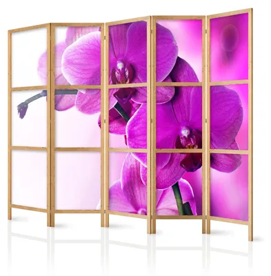Obrázek produktu pro Japonský paravan, 5 dílů, rozdělovač prostoru, skládací, prémiová netkaná textilie, motiv orchidejí, vhodný do obývacího pokoje, rozměry 225 cm x 172 cm