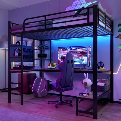 A modern gaming loft bed setup with a desk and chair, illuminated by colorful LED lights.