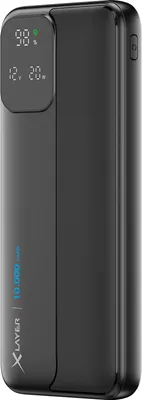 A black power bank is shown against a white background. The power bank has a digital display showing battery percentage and wattage.