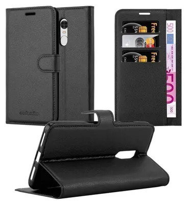 A black leather flip case for a smartphone, shown from multiple angles.