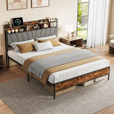 Imagen del producto de REMZETTA: Cama tapizada de 160x200 cm, color gris, con iluminación LED, puertos USB-C y cabecero con espacio de almacenamiento