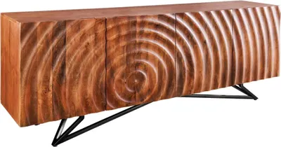 Image de Buffet ZENWOOD 180 cm – Bois massif sculpté 3D et métal noir – 4 portes