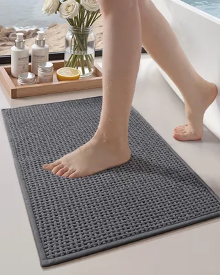 Image de Tapis de bain antidérapants et lavables, tapis de bain en chenille absorbants de 40 x 60 cm, tapis de bain à séchage rapide, tapis de bain gris pour la salle de bains, la douche et la baignoire
