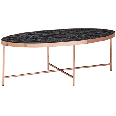 Produktbild von Design Couchtisch Marmor Optik Schwarz - Oval 110 x 56 cm mit Kupfer Metallgestell | Großer Wohnzimmertisch | Lounge Tisch