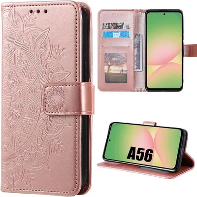 Image de Coque pour Samsung Galaxy A56 5G, Flip Case Antichoc Cuir Synthétique Motif Relief Mandala Oriental - Rose