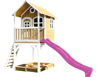 Produktbild von AXI Spielhaus Sarah mit Sandkasten & lila Rutsche | Stelzenhaus in Braun & Weiß aus  Holz für Kinder | Spielturm mit Wellenrutsche für den Garten