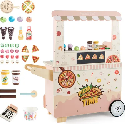 Produktbild von COSTWAY Eiswagen Kinder Holz, Pizzawagen mit 41 Zubehör, Pizza Set, Eiscreme, Ofen, magnetische Tafel&Kassenautomat, Kaufladen für Kinder 3+