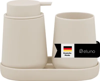 Produktbild von eluno Bad-Accessoires Set TESERO 3tlg. bestehend aus 1x Seifenspender, 1x Becher, 1x Schale, aus Kunststoff in Beige