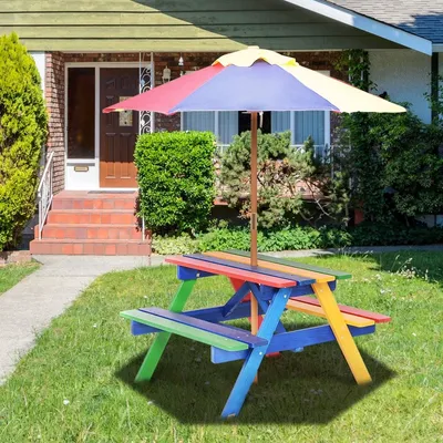 Immagine prodotto di Set di sedie in legno per bambini, set da giardino, mobili per bambini, tavolo per bambini con ombrellone e 2 panchine per esterni