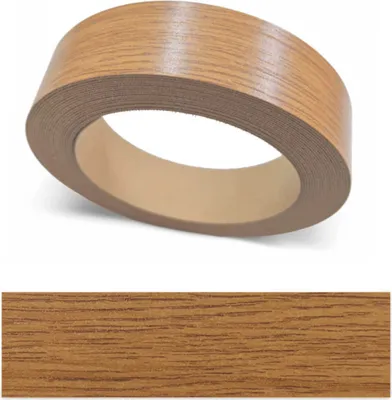 A roll of wood-look edge banding tape and a sample of the tape.