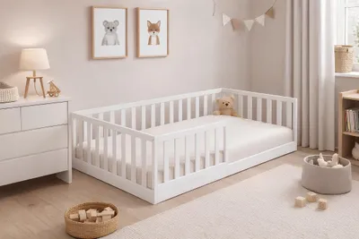 Produktbild von Kinderbett Einzelbett 90x200 cm Weiß Montessori Bodenbett Jugendbett mit Rausfallschutz Matratze