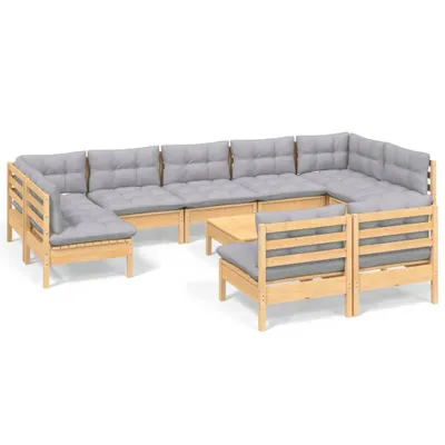 Produktbild von vidaXL 10-tlg. Garten-Lounge-Set mit Grauen Kissen Kiefer Massivholz