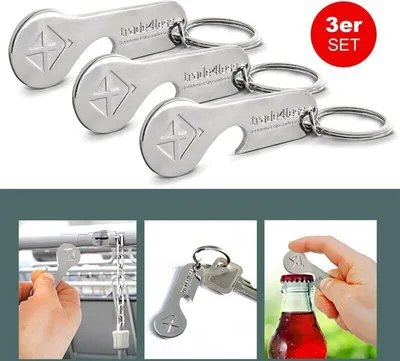 Produktbild von EAXUS® 3er Set Schlüsselanhänger 2in1 Einkaufswagenlöser mit Flaschenöffner aus Edelstahl, Rostfreier Einkaufswagenchip - Einkaufschip
