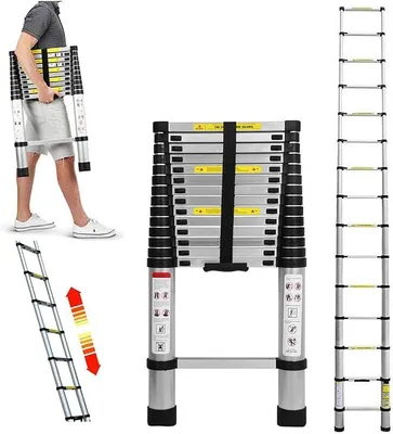 Imagen del producto de Silecomplaza Escalera telescópica de aluminio de 4,4 metros. Escalera deslizante, escalera plegable, escalera multifunción, escalera extensible. 15 peldaños. Fácil de transportar. Carga máxima: 150 kg