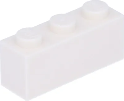 A single white LEGO brick with three studs on top, shown from a diagonal angle against a white background.