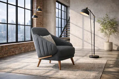 Image de Fauteuil design moderne, couleur gris, avec accoudoirs et pieds en bois. Élégance