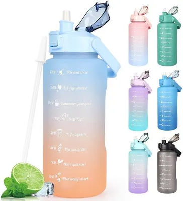 Imagen del producto de Botella de agua Ibenzoa® con indicador de tiempo – sin BPA, 2 litros, azul, con pajita y asa para transportar