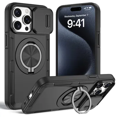 Produktbild von Magnetische Hülle für iPhone 15 Pro Max, Militär Stoßfest Handyhülle mit Kameraschutz und Ringhalter Ständer Schwarz