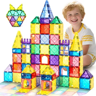 Produktbild von Magnetische Bausteine 100-teilig mit Glitzer – Magnetfliesen für Kinder ab 3 Jahren – STEM/MINT Montessori Lernspielzeug – Sensorik Konstruktionsspielzeug für 2D- & 3D-Bauwerke – Kreatives Magnetbauset für Jungen und Mädchen