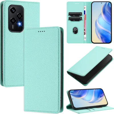 Image de Etui en cuir pour Honor 200 Lite, cuir Litschi, étui portefeuille avec fentes pour cartes et support Turquoise