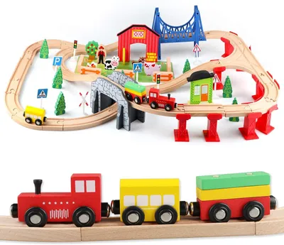 Productafbeelding van Houten treinbaan 80 stuks, magnetisch, boerderij thema, voor kinder speelgoed
