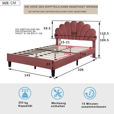Imagen del producto de Cama individual - Estructura de cama - 140 x 200 cm - Tapizado en terciopelo - Cabecero con diseño de flores - Somier - Madera - Color rosa