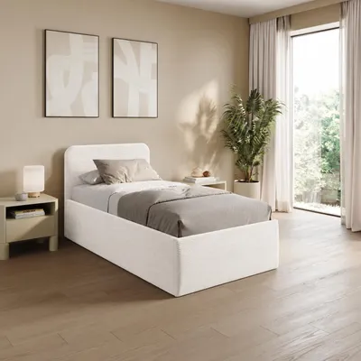 Produktbild von Home Collective Polsterbett 100x200 cm Doppelbett Bett mit verstellbarem Lattenrost & Stauraum, wählbare Matratze Federkern H2 viele Größen verfügbar | Kordstoff Weiß, KI-generiertes Bild
