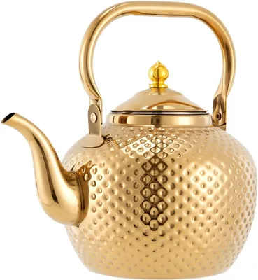 Produktbild von Goldene Edelstahl-Teekanne mit Teesieb und Siebgriff, für Induktionskocher geeignet, 2 Liter (60 oz)