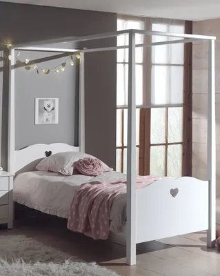 Image de Amori Ensemble lit à baldaquin, rideau textile, chevet et armoire