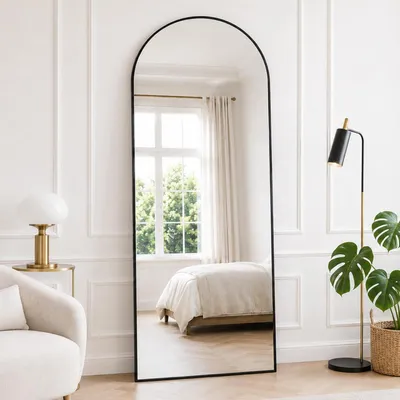 Image de Miroir mural de corps entier, dimensions 165x60 cm, avec cadre en aluminium noir, verre HD résistant aux chocs