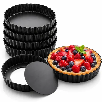 Produktbild von PRECORN Mini Tarteform Set 6 Stück, 10 cm Antihaft Tartelette Förmchen m. Hebeboden, Kohlenstoffstahl Backformen für Tartes & Pies inkl. Silikonpinsel