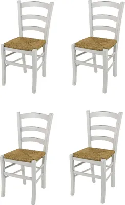 Four white chairs with woven straw seats are arranged in a 2x2 grid against a white background.