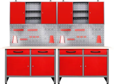Produktbild von Ondis24 Metall Werkstatt Set 240 cm "Werner" rot 2 Werkbänke + 2 Schränke LED Arbeitshöhe 85 cm abschließbar höhenverstellbare Füße Arbeitsplatte Holz Werkstatteinrichtung Packtisch Werktisch Werkstatttisch Montagewerkbank Hängeschrank Werkzeugschrank Werkstattschrank Werkzeugwand Werkstattwand Werkzeughalter Lochblech