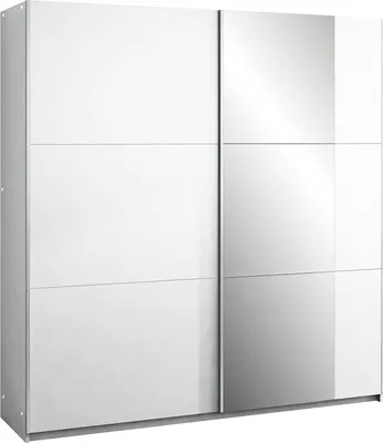 Produktbild von Schiebeschrank Bastia 200 cm mit Spiegel, Kleiderschrank Schlafzimmer, Wohnzimmer - 200 x 215 x 65 Farbe: Weiß, Schwebetürenschrank mit 2 Kleiderstange und Ablagen; Mehrzweckschrank