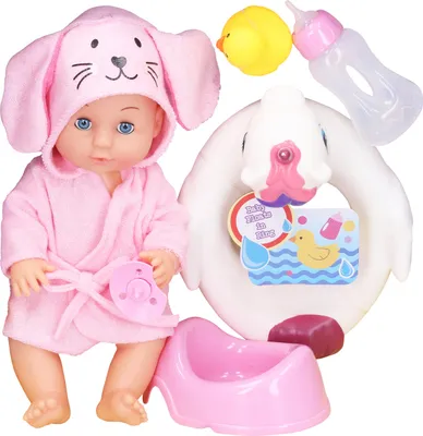Produktbild von Babypuppe 27 cm mit Bademantel, Schnuller, Töpfchen & Fläschchen