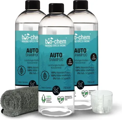 Produktbild von bio-chem AutoShampoo biologisch abbaubar – 3x 750 ml inkl. Flausch-Tuch – pH-neutrales Konzentrat – Kraftvoll gegen Schmutz, schonend zum Lack – greift Wachs-Versiegelung nicht an - Germany