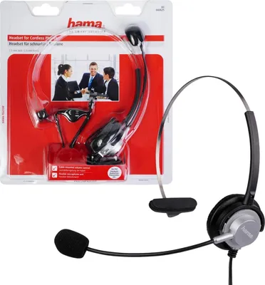 A product shot of a Hama headset in its retail packaging, with a separate headset shown next to it.