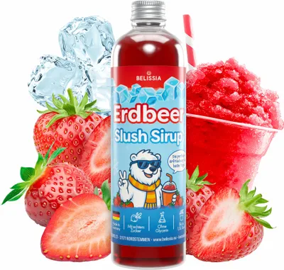 Produktbild von Belissia Slush Eis Sirup 250ml Konzentrat - Erdbeere - sehr ergiebig in knalligen Farben (1:5) für bis zu 1,5 Liter - Glycerin frei – für Slush-Eis