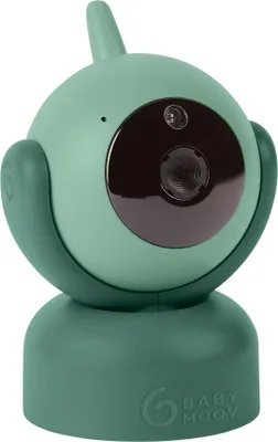 A close-up studio shot of a green baby monitor camera.