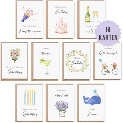 Produktbild von Geburtstagskarten Set 10 DIN A6 Klappkarten Aquarell mit Naturkuvert
