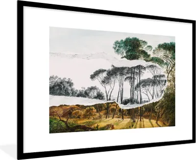 Produktbild von MuchoWow® Gerahmtes Poster Italienische Landschaft Schirmkiefern - Kunst - Hendrik Voogd - Malerei - Schwarz-Weiß - Alte Meister 90x60 cm - Poster mit Schwarzem Bilderrahmen Wandposter Rahmen Foto Bilder - Wanddekoration - Fotos