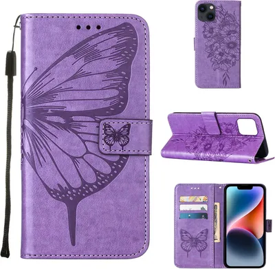 Produktbild von iPhone 14 Hülle, Schmetterling Prägung Flip Leder Kartenfächer Schutzhülle Ledertasche mit Ständer für iPhone 14 Violett