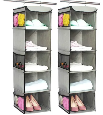 Produktbild von Hängeregal, 2er-Set, Hängeaufbewahrung mit 5 Fächern, Kleiderschrank-Organizer mit Metallrahmen, Aufbewahrungssystem für Kleiderschränke, 30 x 30 x 108 cm, grau