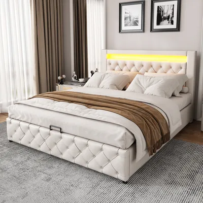 A bedroom scene with a white LED double bed.