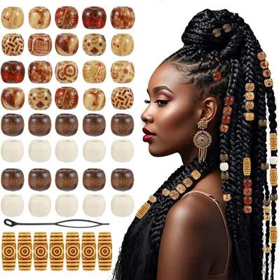 Imagen del producto de Cuentas de madera estampadas, 60 unidades, con orificio grande, color natural, para el cabello y manualidades