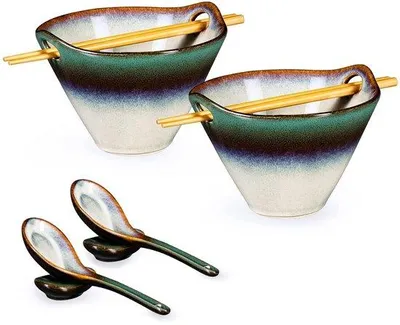 Produktbild von Unyqoos® Ramen‑Schüssel‑Set (8‑teilig) – 2 Keramikschalen 600 ml mit Löffeln, Essstäbchen & Haltern, japanisches Geschirr, Farbverlauf Grün